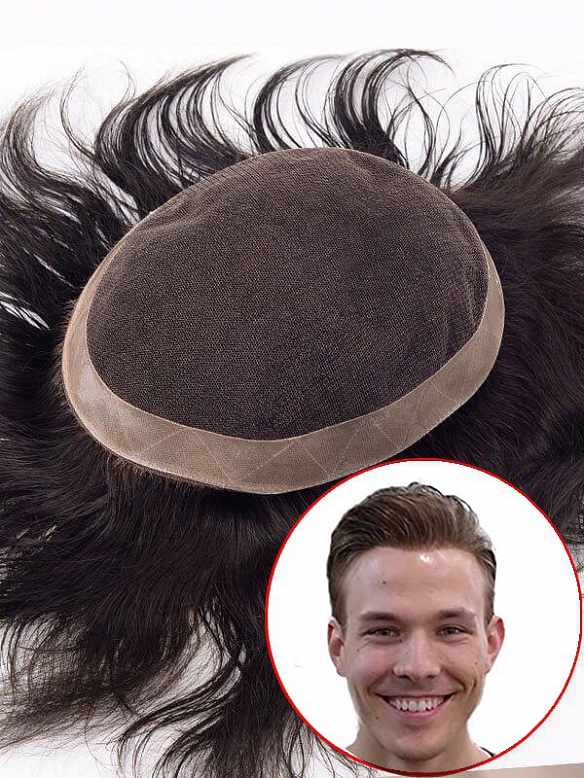 6x6 Inch French Lace with PU Perimeter and Folded Lace Front Hair System MH012