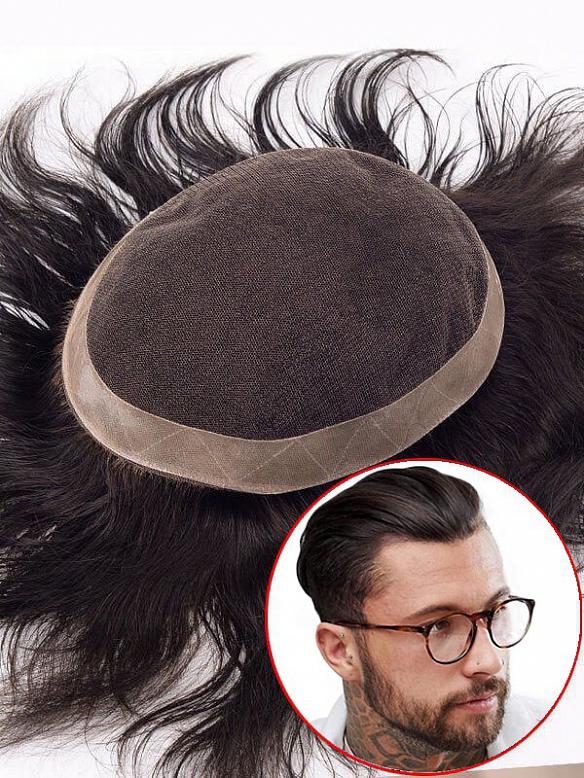 6x8 Inch French Lace with PU Perimeter and Folded Lace Front Hair System MH011