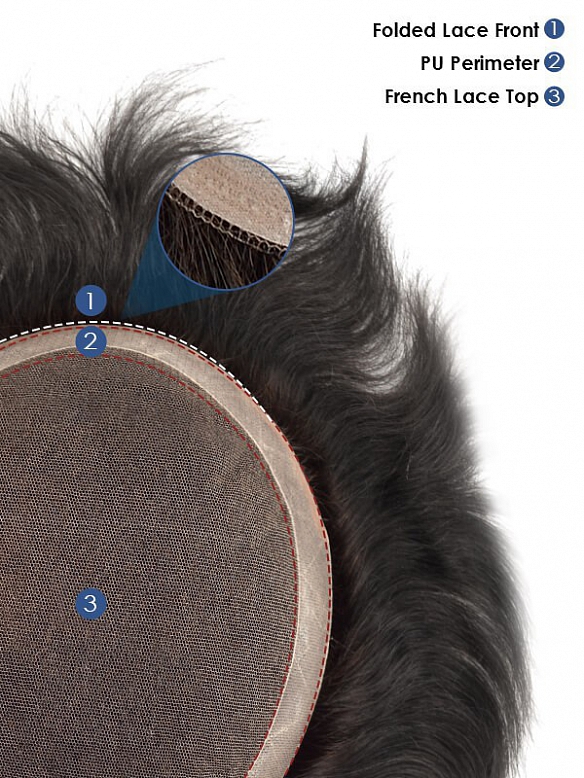 8x10 Inch French Lace with PU Perimeter and Folded Lace Front Hair System MH009