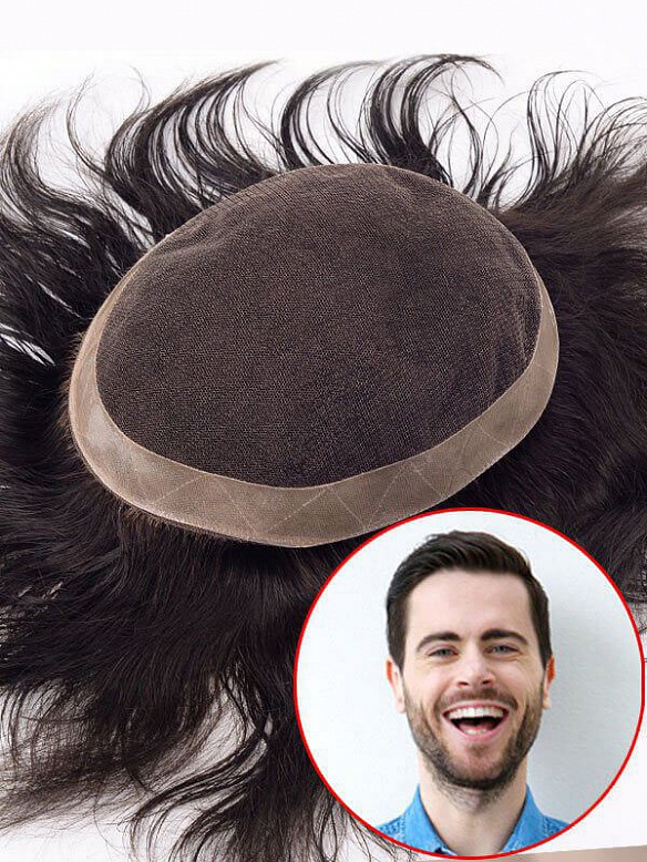 8x10 Inch French Lace with PU Perimeter and Folded Lace Front Hair System MH009