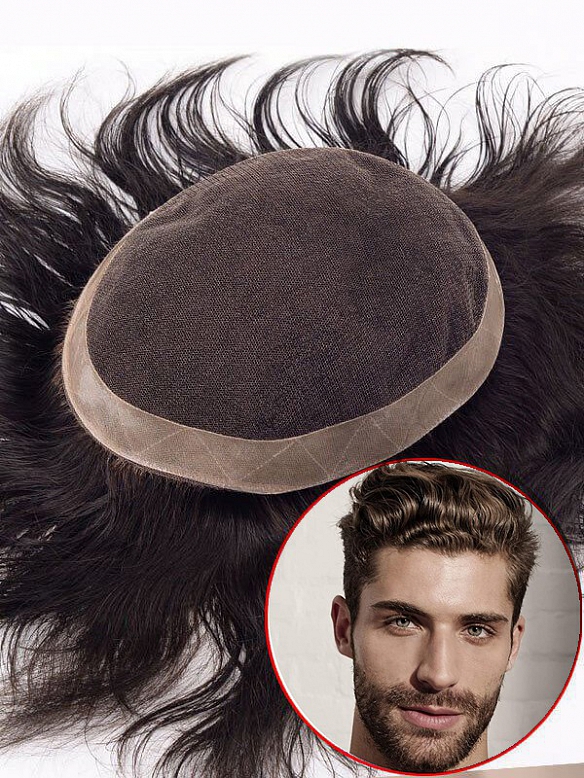 7x8 Inch French Lace with PU Perimeter and Folded Lace Front Hair System MH010